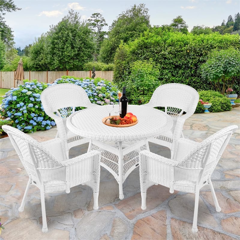 Pemberly Row 5 Piece Resin Wicker Outdoor Patio Dining Set in White