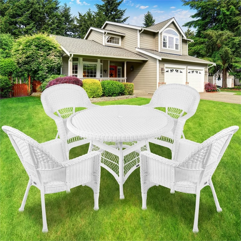 Pemberly Row 5 Piece Resin Wicker Outdoor Patio Dining Set in White