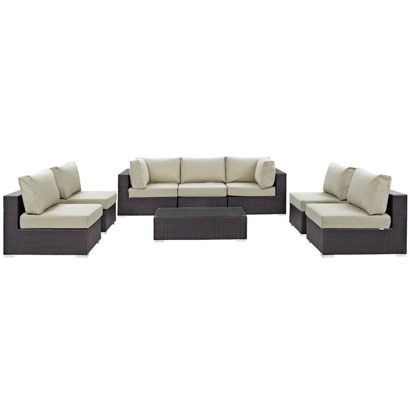 Pemberly Row 8-Piece Aluminum & Rattan Patio Sectional Set in Espresso/Beige