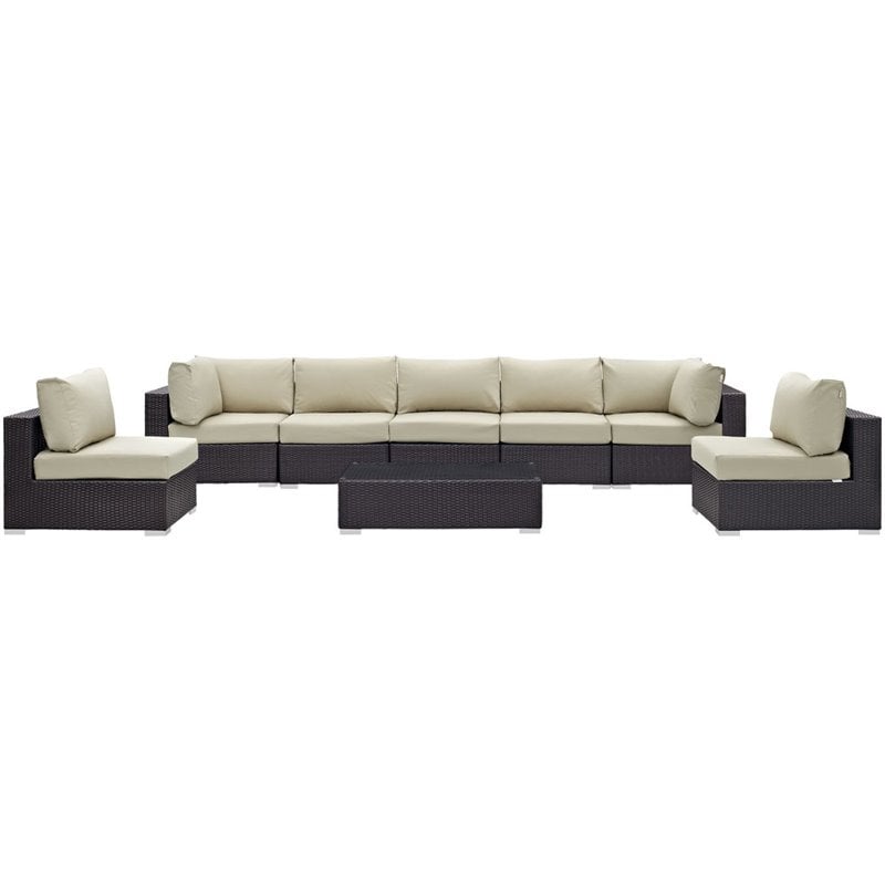 Pemberly Row 8-Piece Aluminum & Rattan Patio Sectional Set in Espresso/Beige
