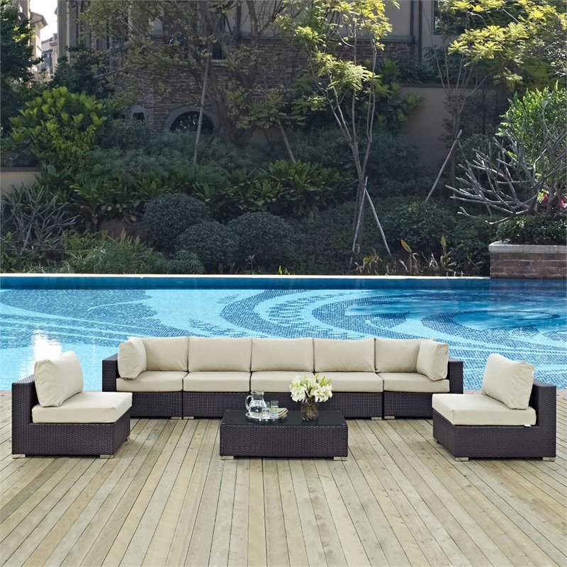 Pemberly Row 8-Piece Aluminum & Rattan Patio Sectional Set in Espresso/Beige
