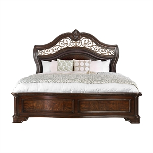 Pemberly Row Contemporary Wood Queen Panel Bed in Brown Cherry