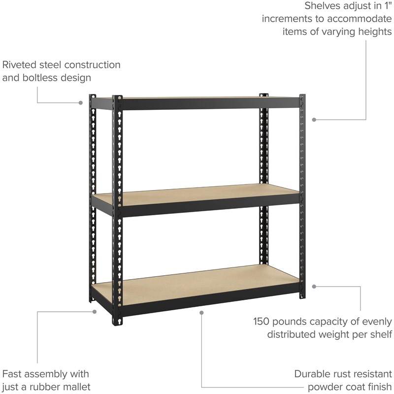 Pemberly Row 1000 Riveted Metal Shelving 3-Shelf Unit 12D x 30W x 30H Black