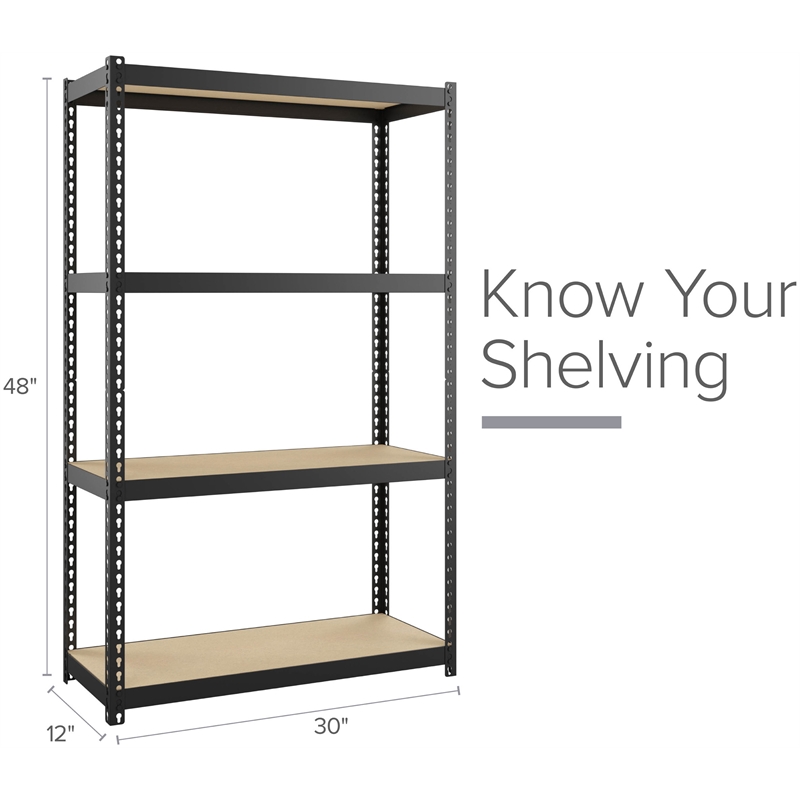 Pemberly Row 1000 Riveted Metal Shelving 4-Shelf Unit 12D x 30W x 48H Black