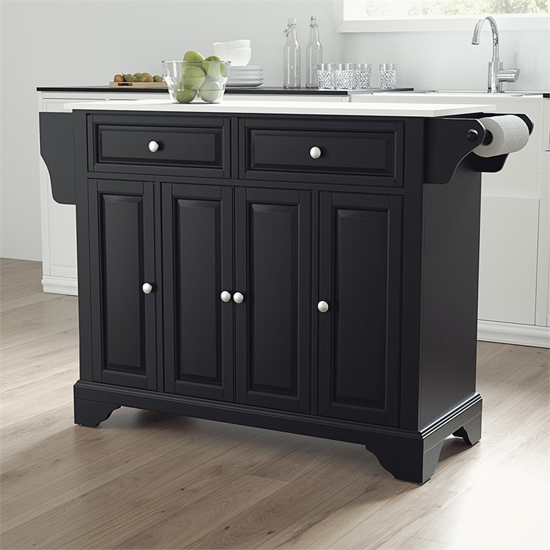 Pemberly Row Contemporary Wood Granite Top Kitchen Island in Matte Black