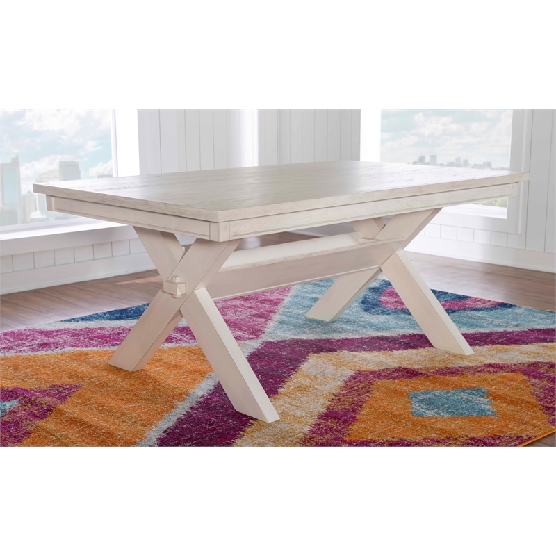 Pemberly Row Sturdy Wood X-Base Trestle Dining Table in Smokey White Finish