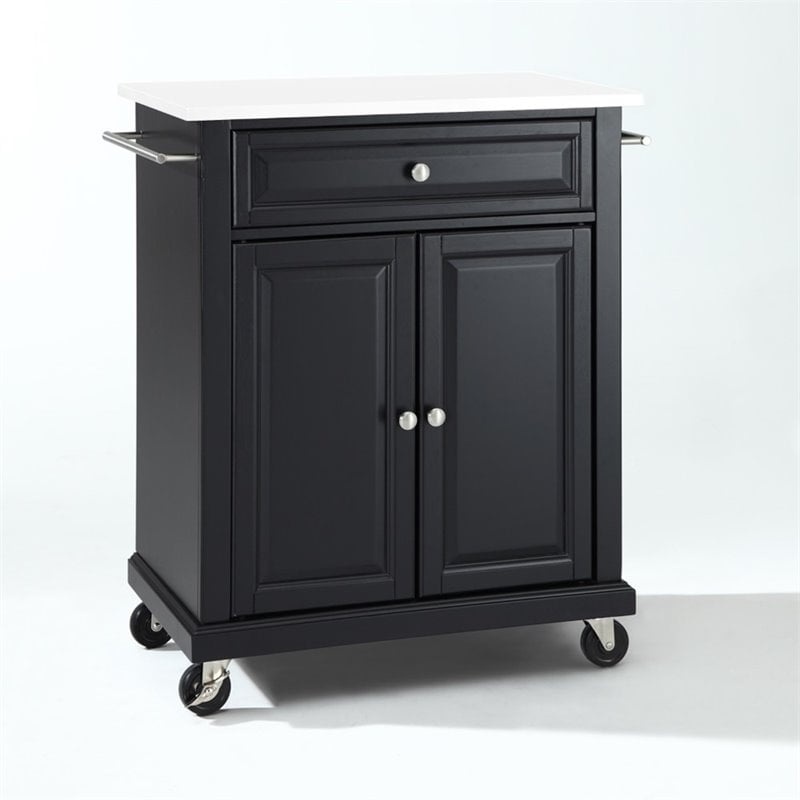 Pemberly Row Compact Wood Kitchen Granite Top Kitchen Cart in Matte Black