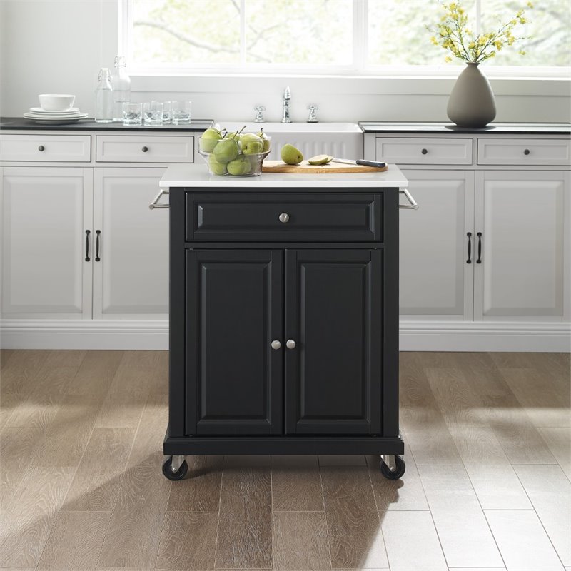 Pemberly Row Compact Wood Kitchen Granite Top Kitchen Cart in Matte Black