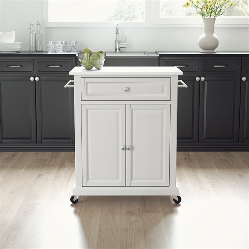Pemberly Row Compact Wood Kitchen Granite Top Kitchen Cart in White