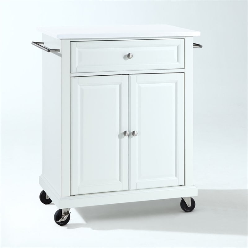 Pemberly Row Compact Wood Kitchen Granite Top Kitchen Cart in White