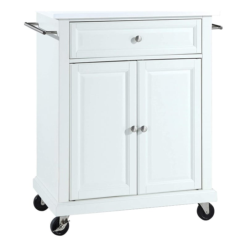 Pemberly Row Compact Wood Kitchen Granite Top Kitchen Cart in White