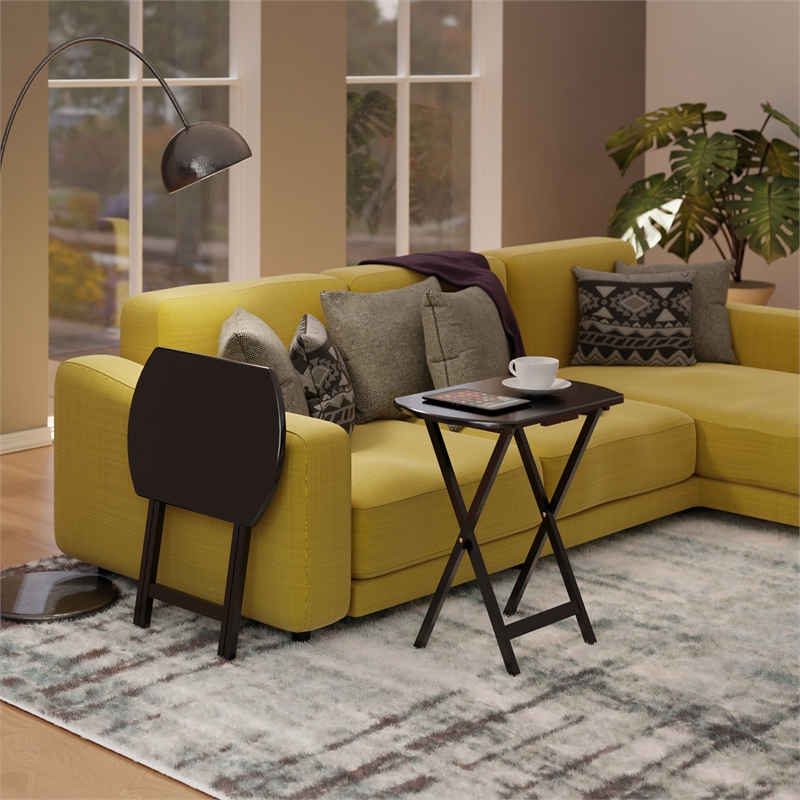 Pemberly Row 2-Piece Oversized Oblong Solid Wood Folding Snack Table in Coffee