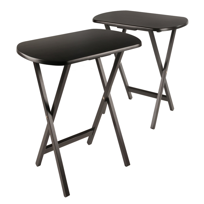 Pemberly Row 2-Piece Oversized Oblong Solid Wood Folding Snack Table in Coffee