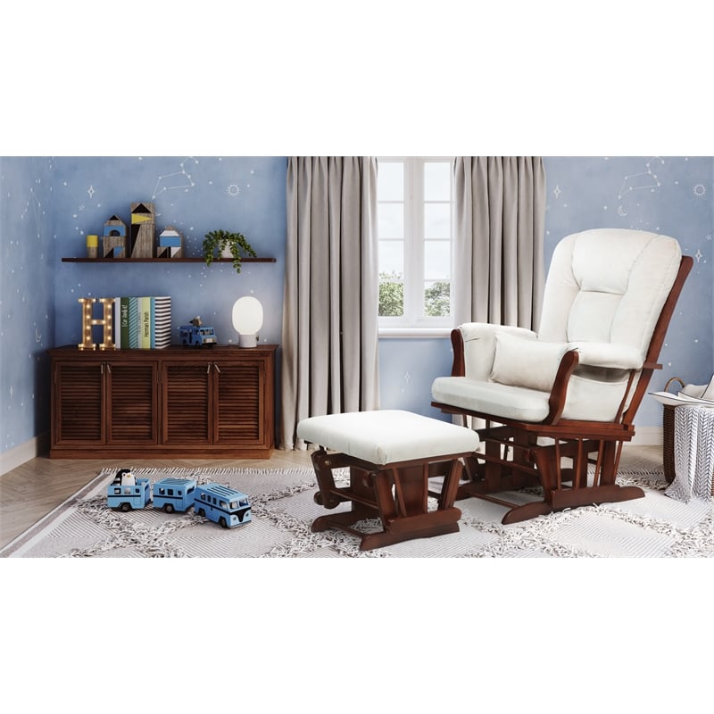 Pemberly Row Solid Wood Glider Chair and Ottoman with Pillow in Espresso