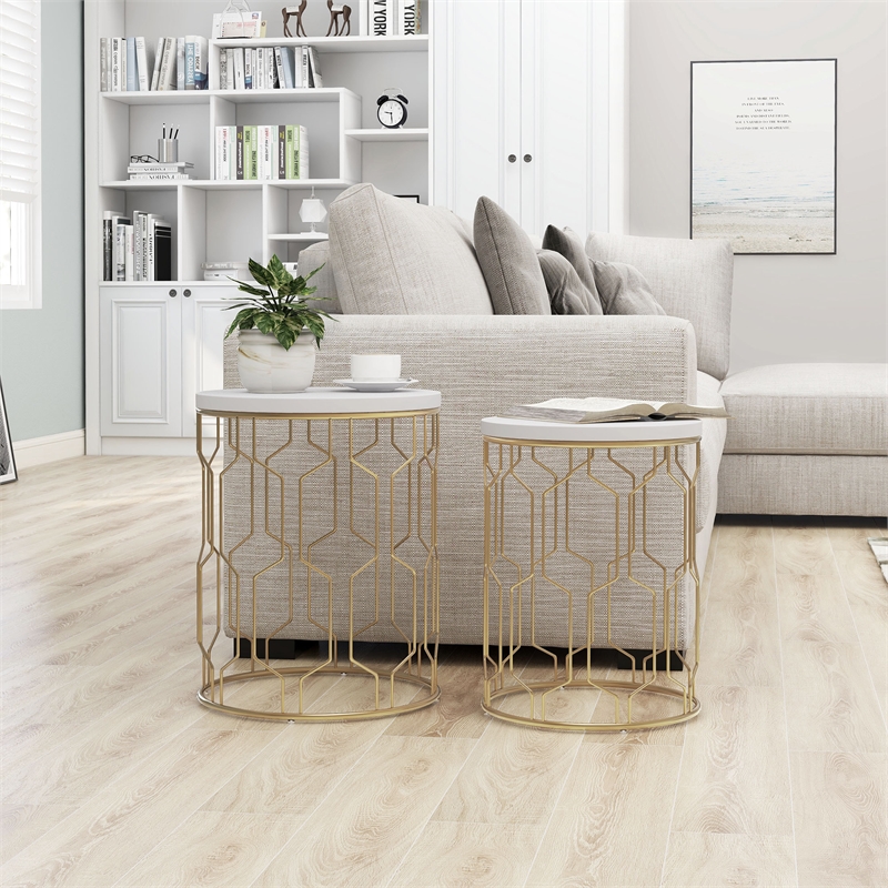 Pemberly Row Contemporary Metal 2-Piece Nesting Table in Gold and White