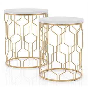 Pemberly Row Contemporary Metal 2-Piece Nesting Table in Gold and White