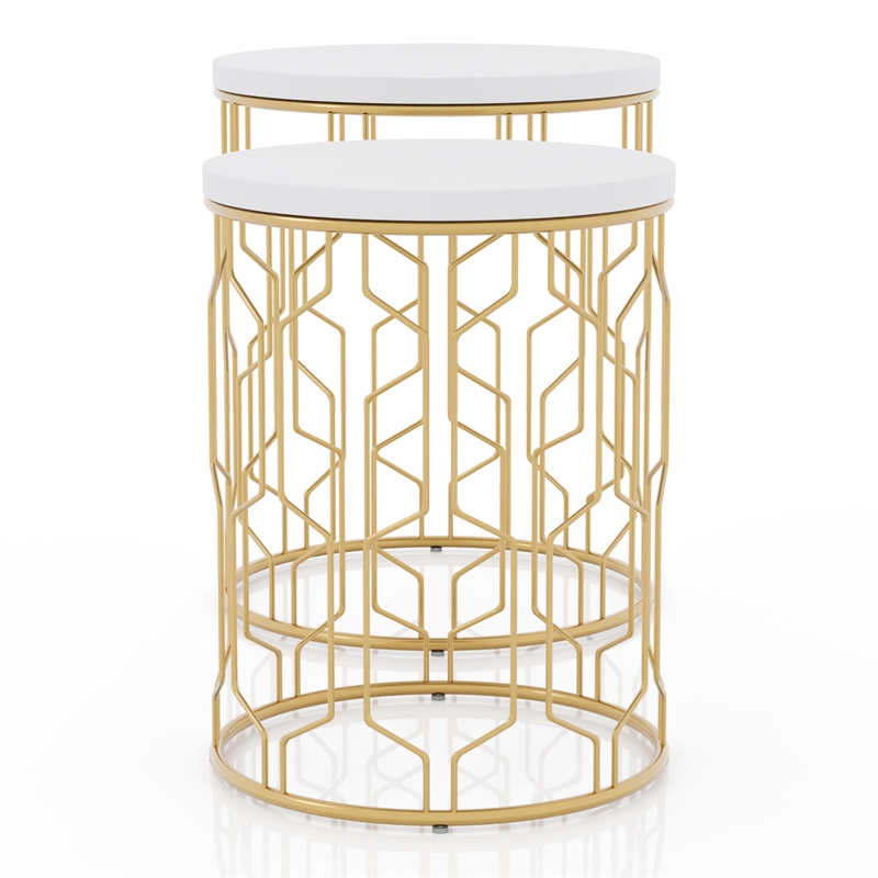 Pemberly Row Contemporary Metal 2-Piece Nesting Table in Gold and White