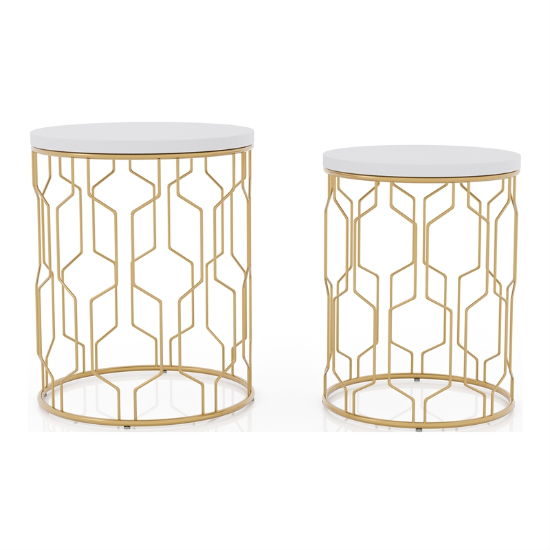 Pemberly Row Contemporary Metal 2-Piece Nesting Table in Gold and White