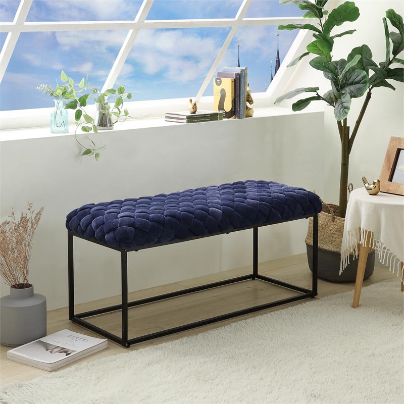 Pemberly Row Rectangular Bench Navy Blue Velvet Upholstered Hand Woven