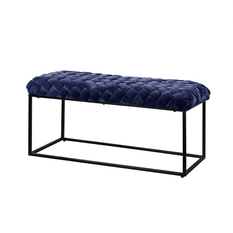 Pemberly Row Rectangular Bench Navy Blue Velvet Upholstered Hand Woven