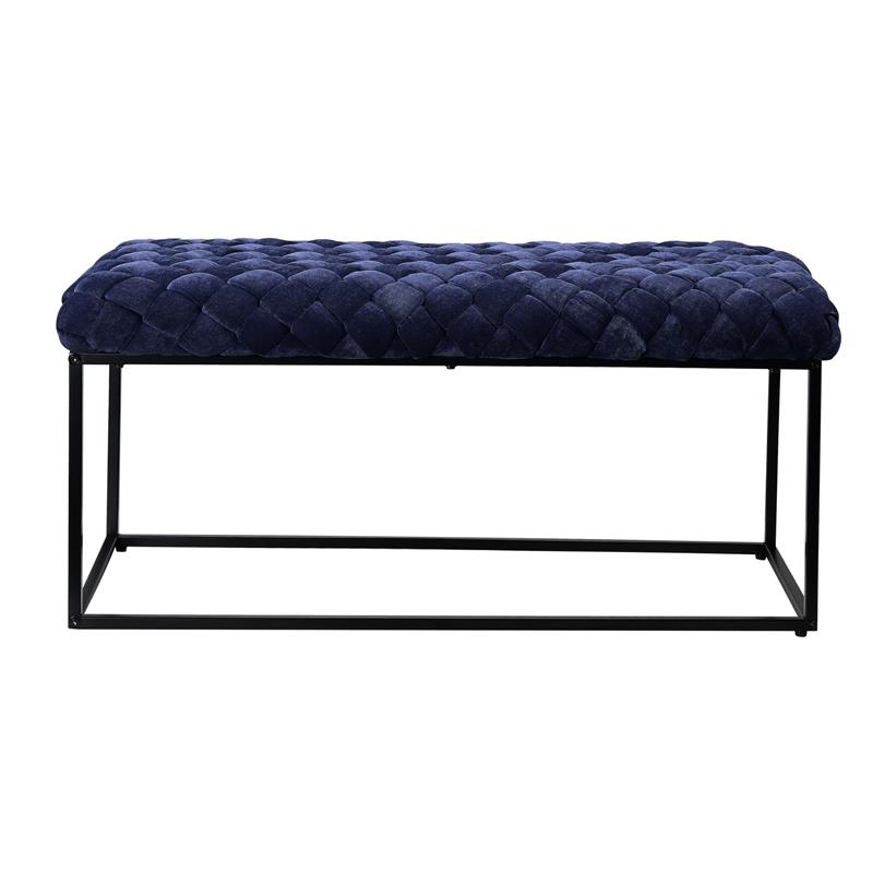 Pemberly Row Rectangular Bench Navy Blue Velvet Upholstered Hand Woven