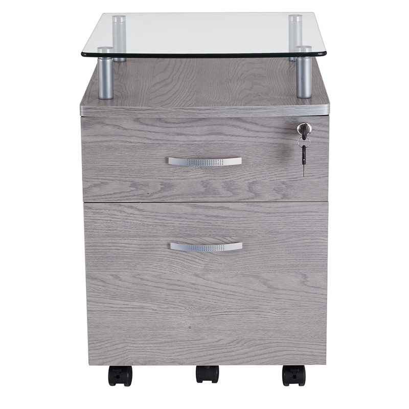 Pemberly Row Engineered Wood Frame Rolling File Cabinet with Glass Top-Gray