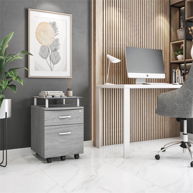 Pemberly Row Engineered Wood Frame Rolling File Cabinet with Glass Top-Gray