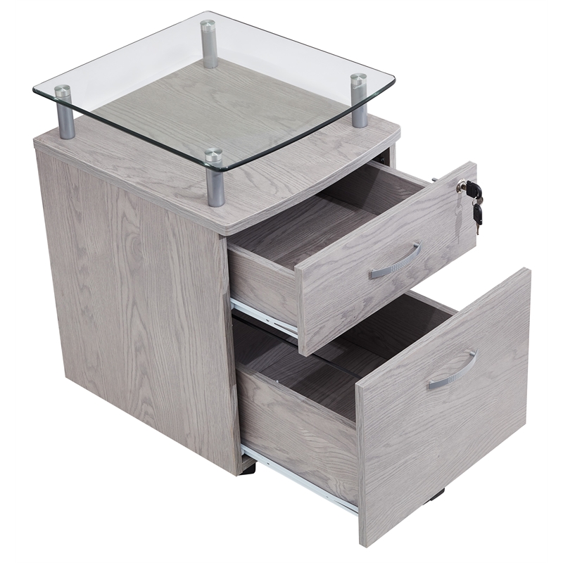 Pemberly Row Engineered Wood Frame Rolling File Cabinet with Glass Top-Gray