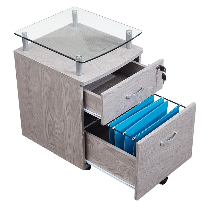 Pemberly Row Engineered Wood Frame Rolling File Cabinet with Glass Top-Gray