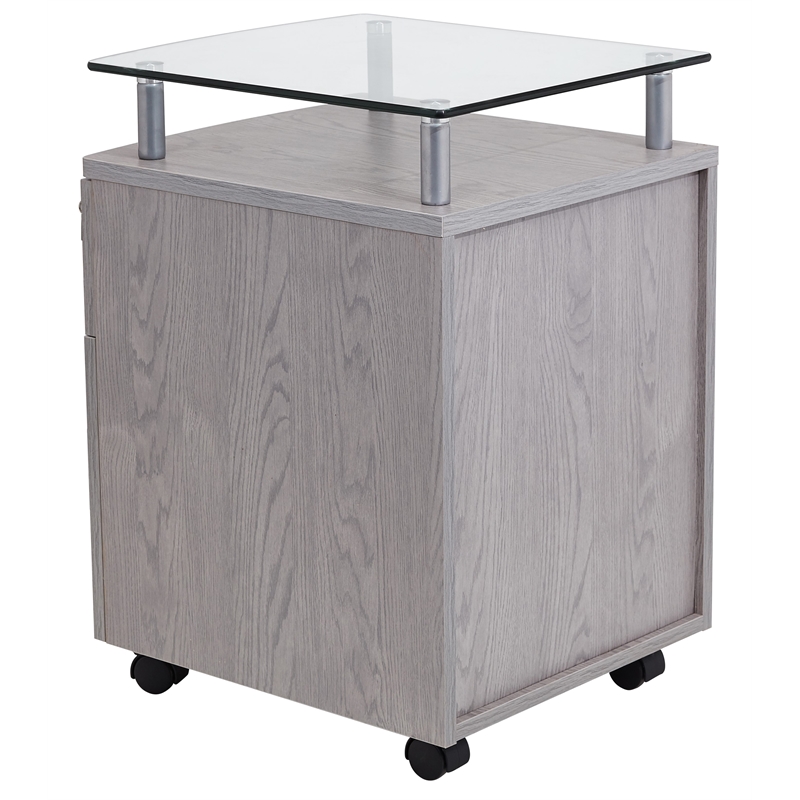 Pemberly Row Engineered Wood Frame Rolling File Cabinet with Glass Top-Gray