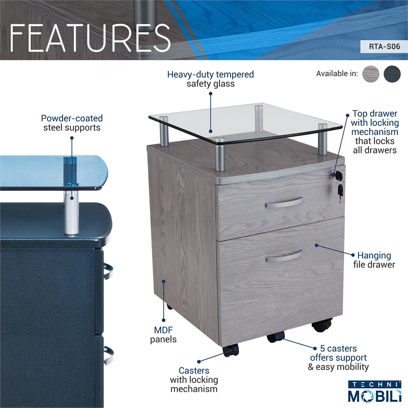 Pemberly Row Engineered Wood Frame Rolling File Cabinet with Glass Top-Gray