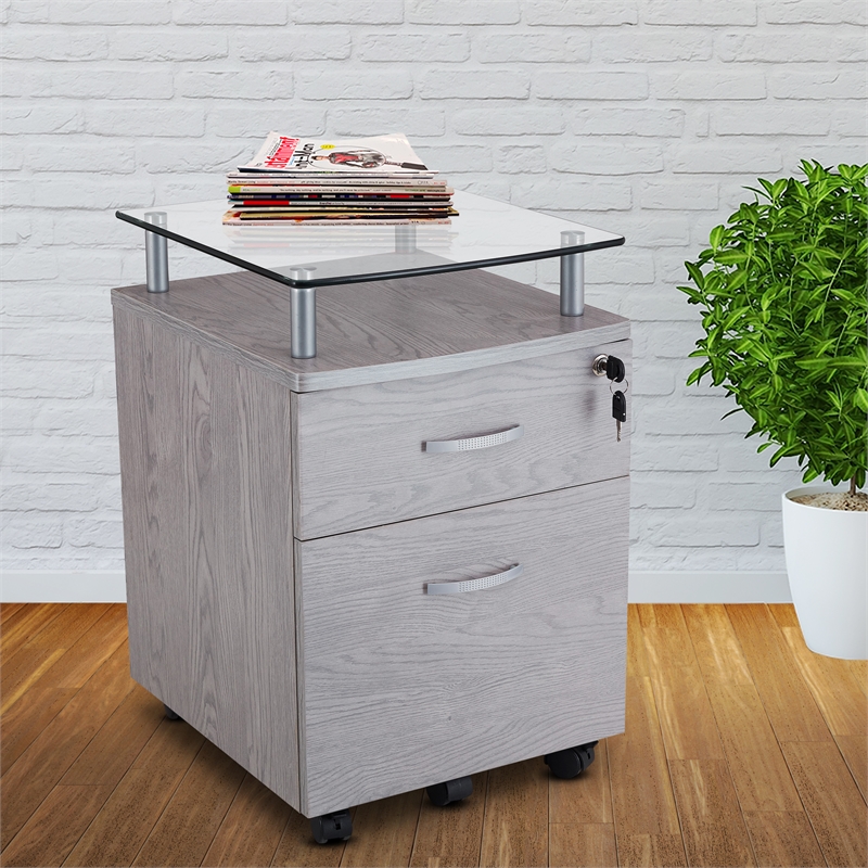 Pemberly Row Engineered Wood Frame Rolling File Cabinet with Glass Top-Gray