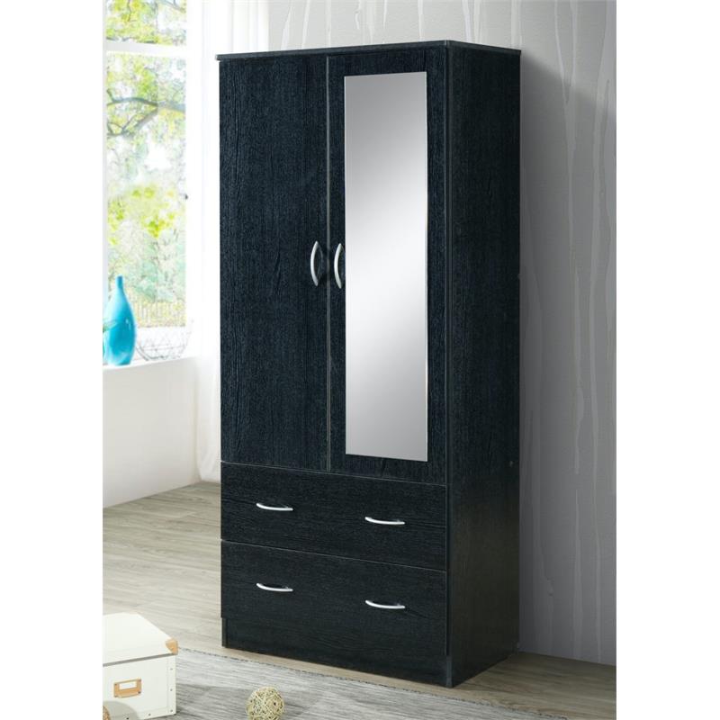 Pemberly Row 2 Door Armoire w/ 2 Drawers & Clothing Rod plus Mirror - Black Wood