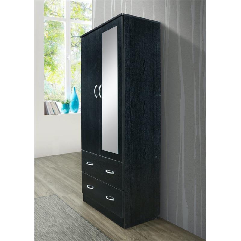Pemberly Row 2 Door Armoire w/ 2 Drawers & Clothing Rod plus Mirror - Black Wood