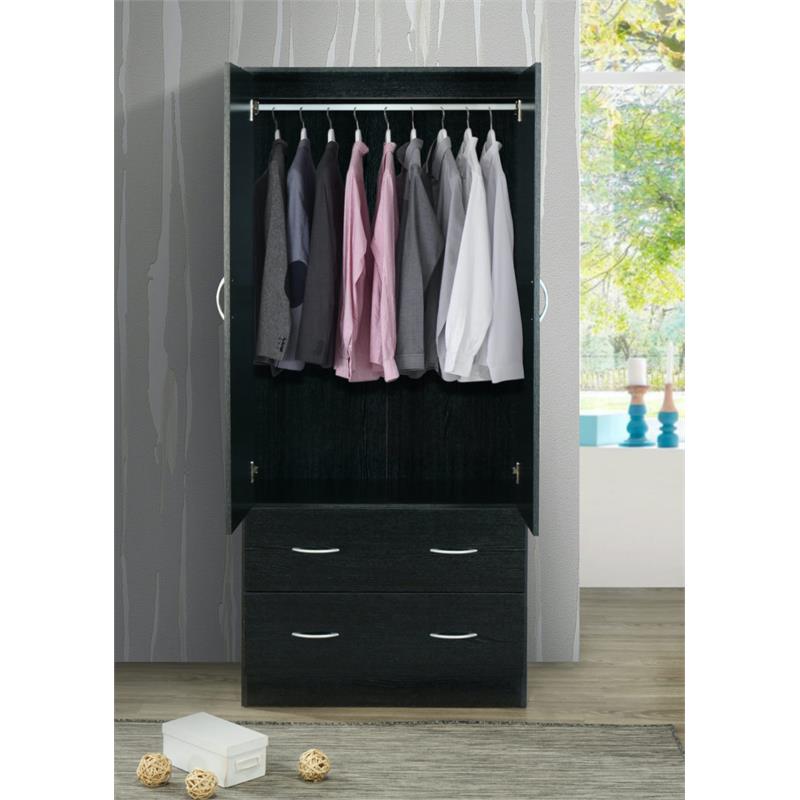 Pemberly Row 2 Door Armoire w/ 2 Drawers & Clothing Rod plus Mirror - Black Wood