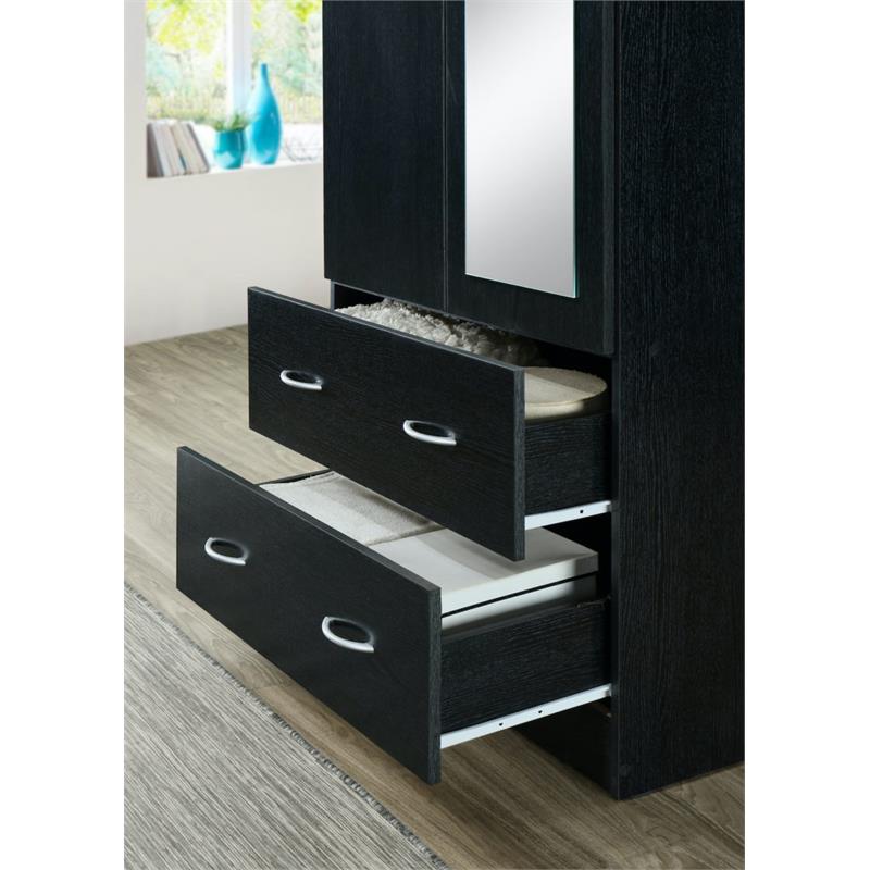 Pemberly Row 2 Door Armoire w/ 2 Drawers & Clothing Rod plus Mirror - Black Wood
