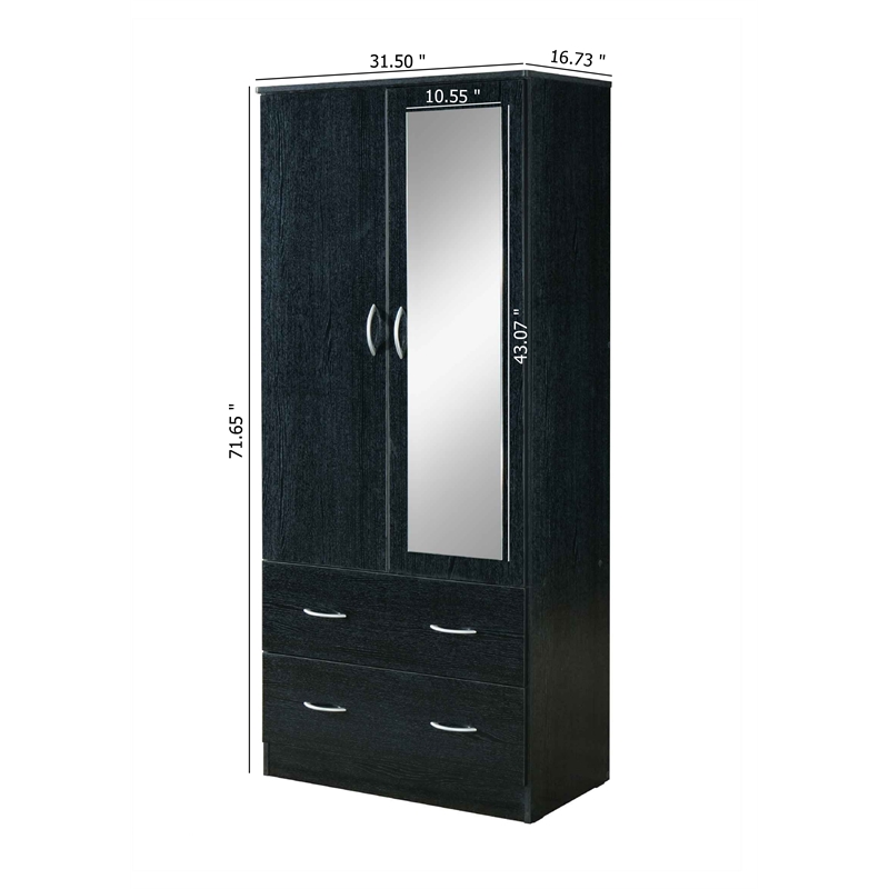 Pemberly Row 2 Door Armoire w/ 2 Drawers & Clothing Rod plus Mirror - Black Wood