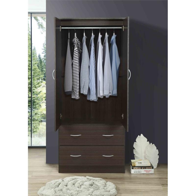 Pemberly Row 2 Door Armoire w/ 2 Drawers Clothing Rod & Mirror in Chocolate Wood