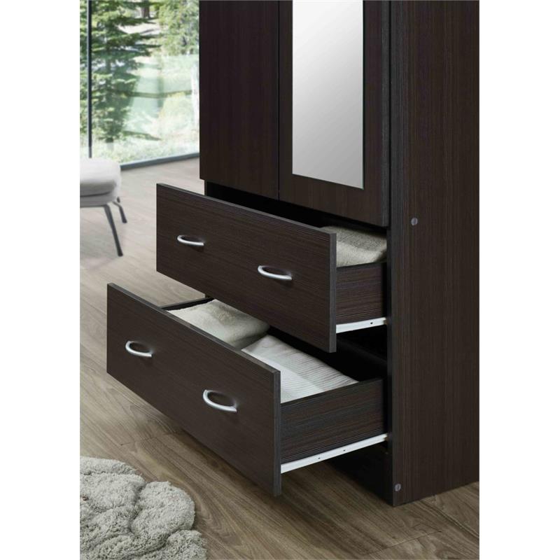 Pemberly Row 2 Door Armoire w/ 2 Drawers Clothing Rod & Mirror in Chocolate Wood