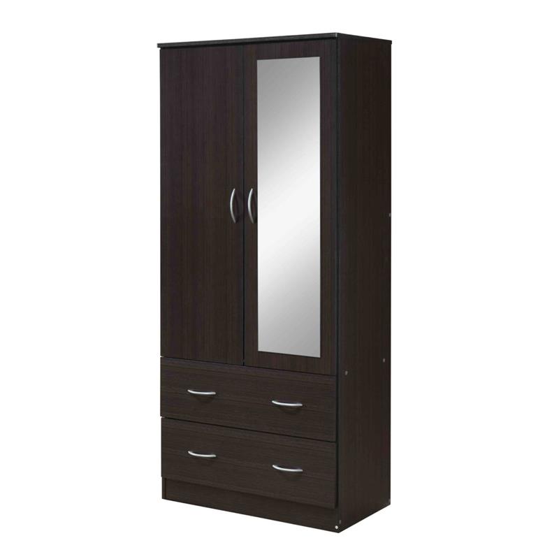 Pemberly Row 2 Door Armoire w/ 2 Drawers Clothing Rod & Mirror in Chocolate Wood