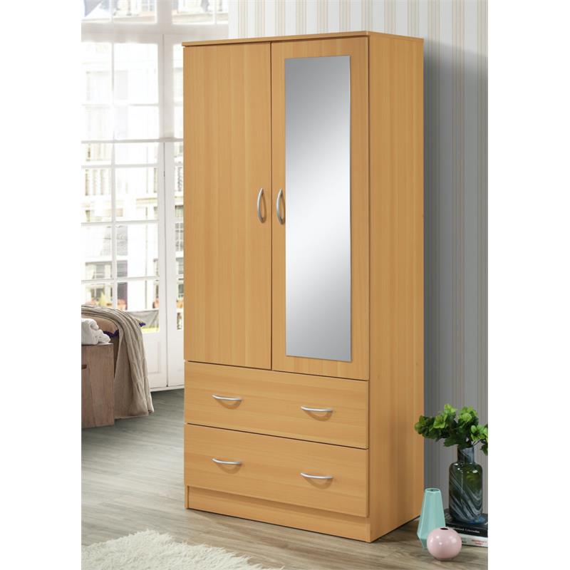 Pemberly Row 2-Door Armoire w/ 2-Drawers & Clothing Rod plus Mirror - Beige Wood