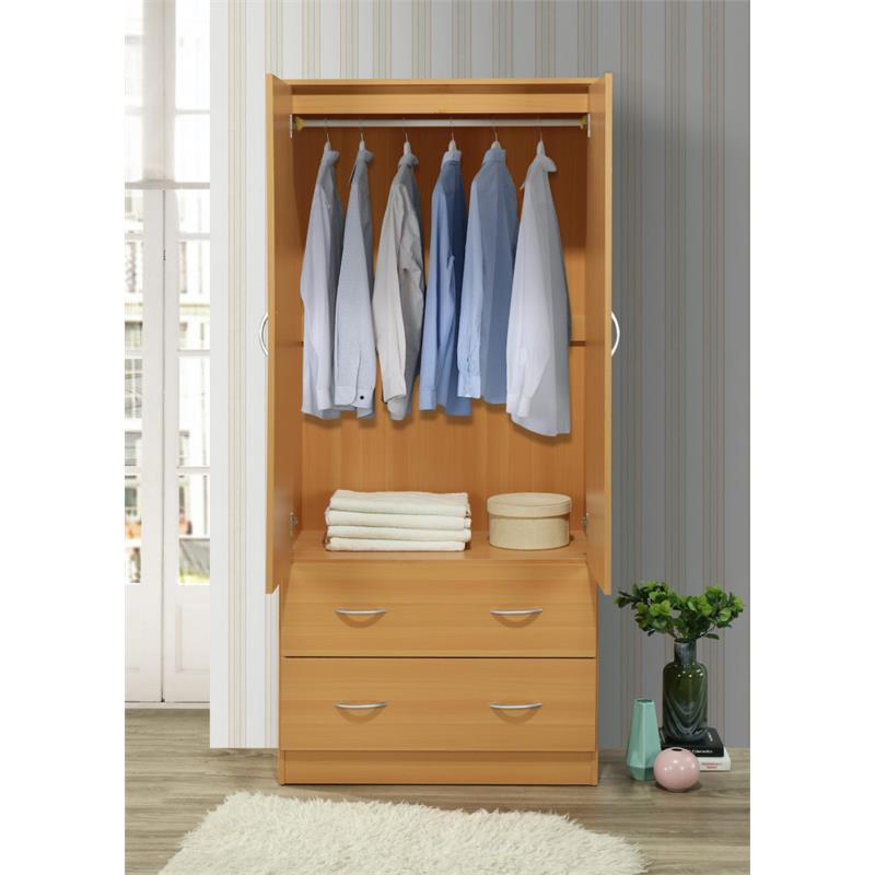 Pemberly Row 2-Door Armoire w/ 2-Drawers & Clothing Rod plus Mirror - Beige Wood