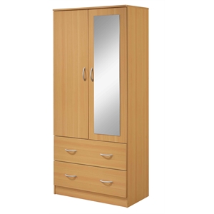 Pemberly Row 2-Door Armoire w/ 2-Drawers & Clothing Rod plus Mirror - Beige Wood