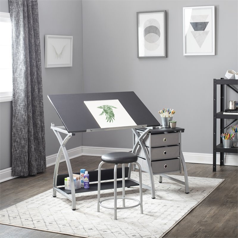 Pemberly Row Contemporary Drawing Table with Stool in Silver and Black