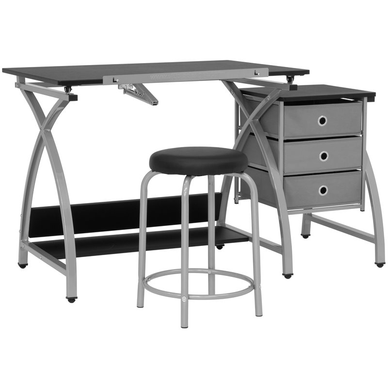 Pemberly Row Contemporary Drawing Table with Stool in Silver and Black