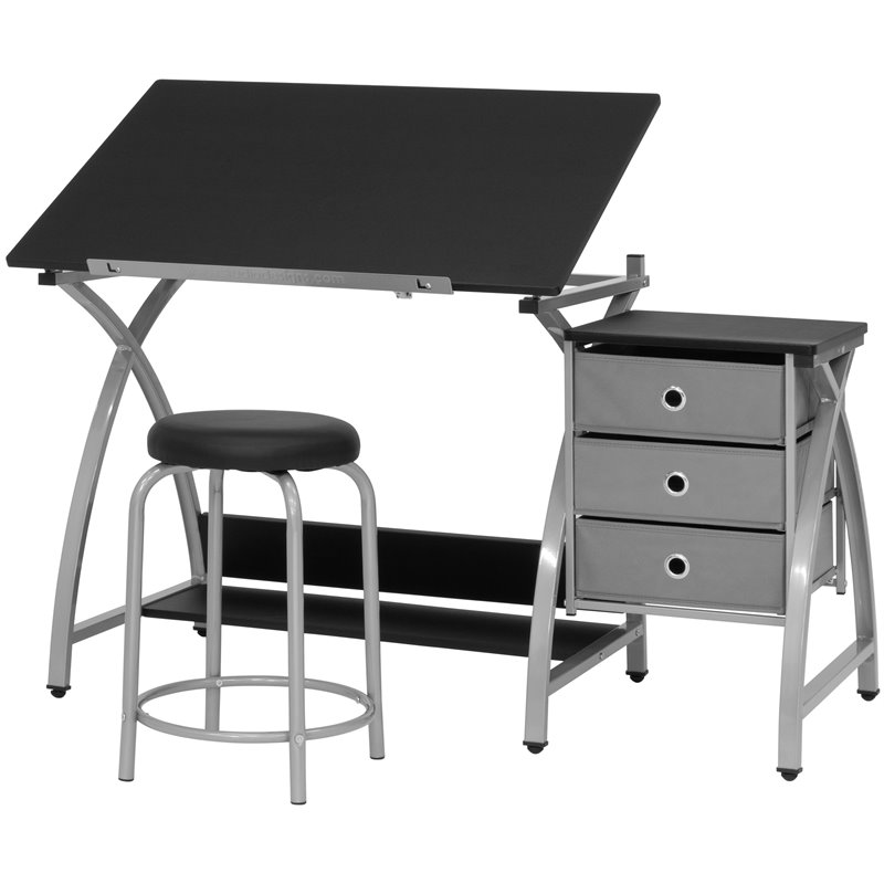 Pemberly Row Contemporary Drawing Table with Stool in Silver and Black