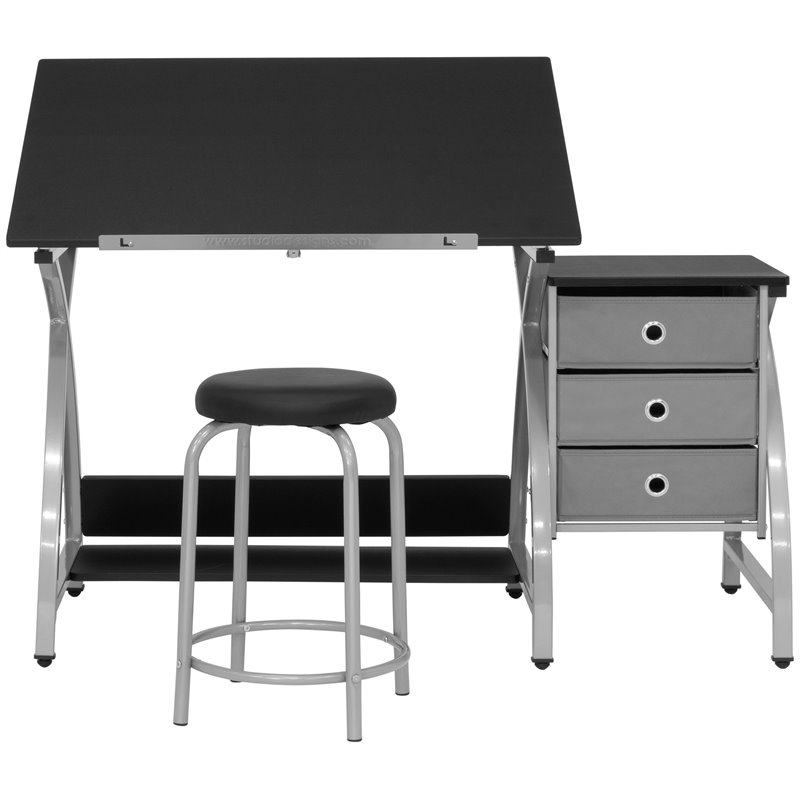 Pemberly Row Contemporary Drawing Table with Stool in Silver and Black