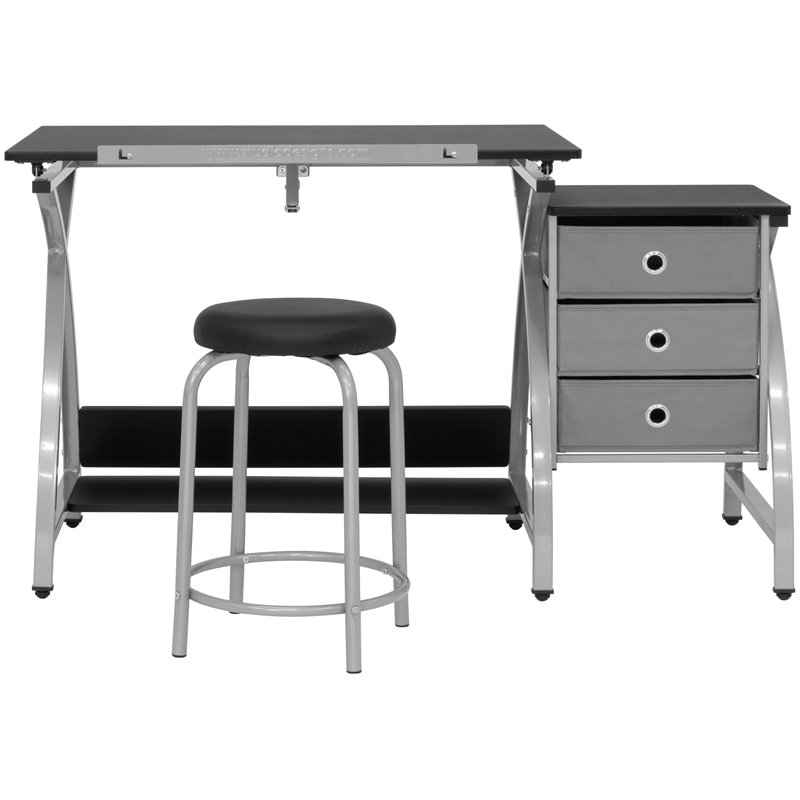 Pemberly Row Contemporary Drawing Table with Stool in Silver and Black