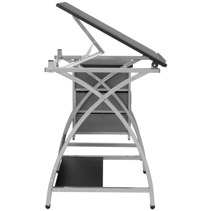 Pemberly Row Contemporary Drawing Table with Stool in Silver and Black