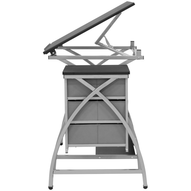 Pemberly Row Contemporary Drawing Table with Stool in Silver and Black